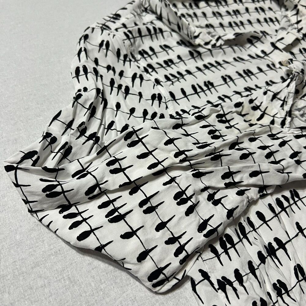 Jane + Delancy Womens XL Bird Print Button Down Shirt Black White Rayon